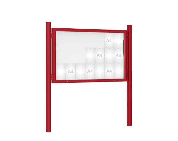 Schaukasten 1000 mit Quatro-Pfosten Farbe:RAL 3004|Abmessungen:21 A4 - B 1600 x H 1000 mm - Klapptür|Pfosten:Pfosten-Set zum Einbetonieren - Ohne Titelleiste