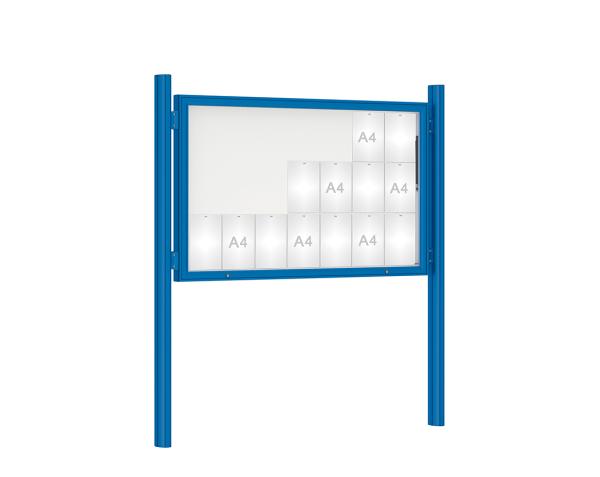 Schaukasten 1000 mit Quatro-Pfosten Farbe:RAL 5010|Abmessungen:21 A4 - B 1600 x H 1000 mm - Klapptür|Pfosten:Pfosten-Set zum Einbetonieren - Ohne Titelleiste