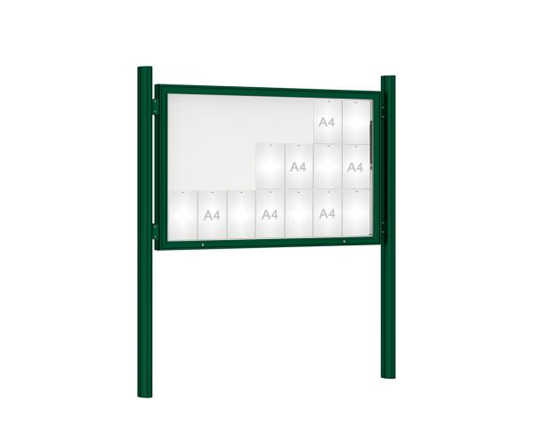 Schaukasten 1000 mit Quatro-Pfosten Farbe:RAL 6005|Abmessungen:21 A4 - B 1600 x H 1000 mm - Klapptür|Pfosten:Pfosten-Set zum Einbetonieren - Ohne Titelleiste
