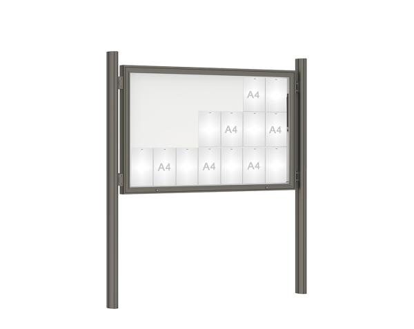 Schaukasten 1000 mit Quatro-Pfosten Farbe:Procity grau|Abmessungen:21 A4 - B 1600 x H 1000 mm - Klapptür|Pfosten:Pfosten-Set zum Einbetonieren - Ohne Titelleiste