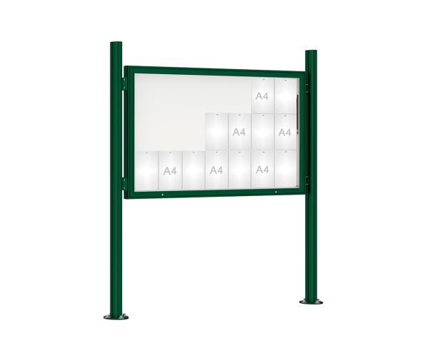 Schaukasten 1000 mit Quatro-Pfosten Farbe:RAL 6005|Abmessungen:21 A4 - B 1600 x H 1000 mm - Klapptür|Pfosten:Mittelpfosten auf Bodenplatte - Ohne Titelleiste