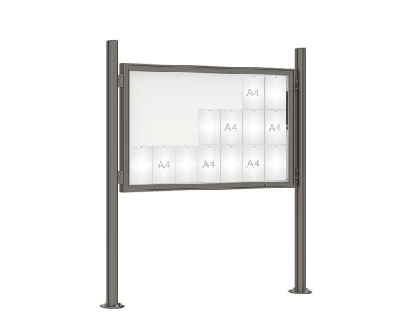 Schaukasten 1000 mit Quatro-Pfosten Farbe:Procity grau|Abmessungen:21 A4 - B 1600 x H 1000 mm - Klapptür|Pfosten:Mittelpfosten auf Bodenplatte - Ohne Titelleiste