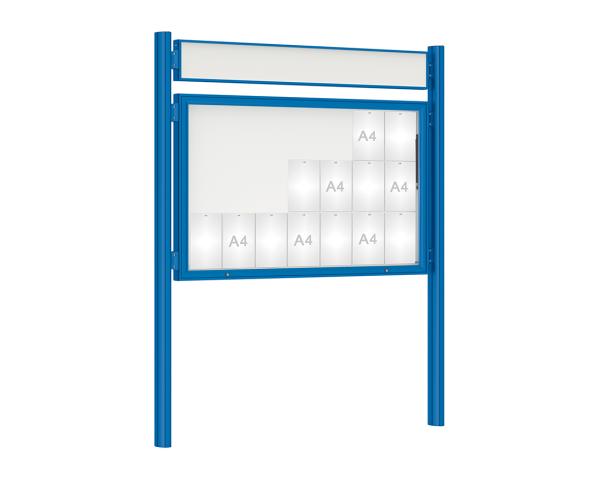 Schaukasten 1000 mit Quatro-Pfosten Farbe:RAL 5010|Abmessungen:21 A4 - B 1600 x H 1000 mm - Klapptür|Pfosten:Pfosten-Set zum Einbetonieren - Mit Titelleiste