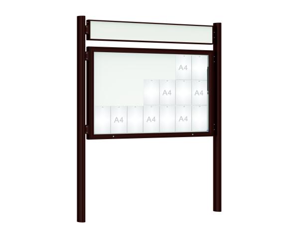 Schaukasten 1000 mit Quatro-Pfosten Farbe:RAL 8017|Abmessungen:21 A4 - B 1600 x H 1000 mm - Klapptür|Pfosten:Pfosten-Set zum Einbetonieren - Mit Titelleiste