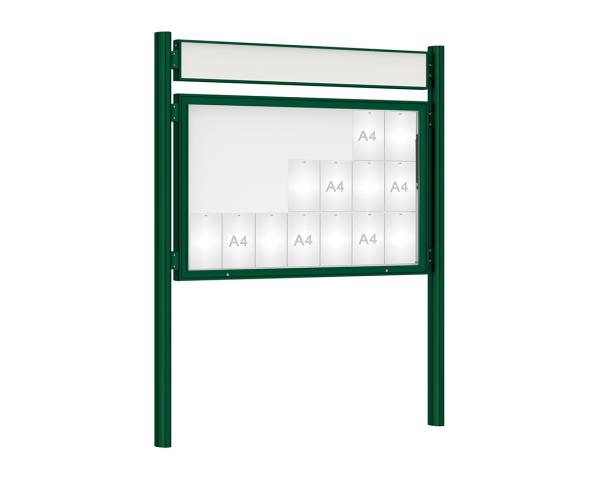Schaukasten 1000 mit Quatro-Pfosten Farbe:RAL 6005|Abmessungen:21 A4 - B 1600 x H 1000 mm - Klapptür|Pfosten:Mittelpfosten zum Einbetonieren - Mit Titelleiste