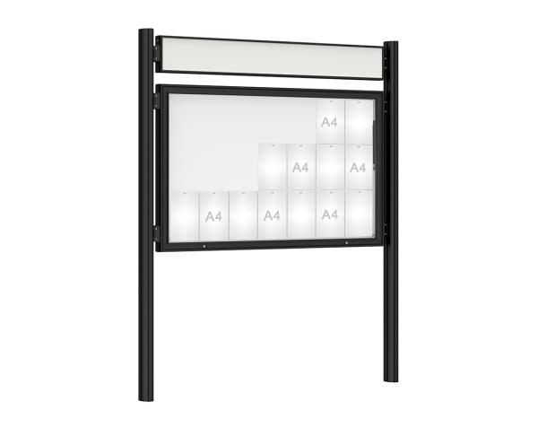 Schaukasten 1000 mit Quatro-Pfosten Farbe:RAL 9005|Abmessungen:21 A4 - B 1600 x H 1000 mm - Klapptür|Pfosten:Mittelpfosten zum Einbetonieren - Mit Titelleiste