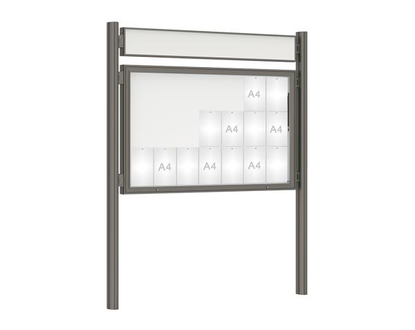 Schaukasten 1000 mit Quatro-Pfosten Farbe:Procity grau|Abmessungen:21 A4 - B 1600 x H 1000 mm - Klapptür|Pfosten:Mittelpfosten zum Einbetonieren - Mit Titelleiste