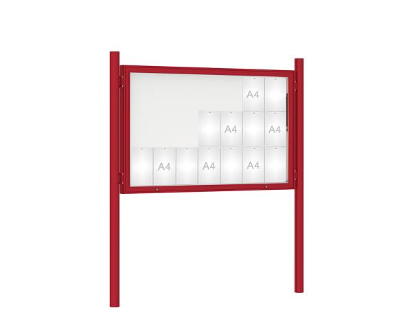 Schaukasten 1000 mit Pfosten Ø 76 mm Farbe:RAL 3004|Abmessungen:21 A4 - B 1600 x H 1000 mm - Klapptür|Pfosten:Pfosten-Set zum Einbetonieren - Ohne Titelleiste