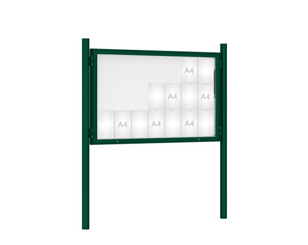 Schaukasten 1000 mit Pfosten Ø 76 mm Farbe:RAL 6005|Abmessungen:21 A4 - B 1600 x H 1000 mm - Klapptür|Pfosten:Pfosten-Set zum Einbetonieren - Ohne Titelleiste