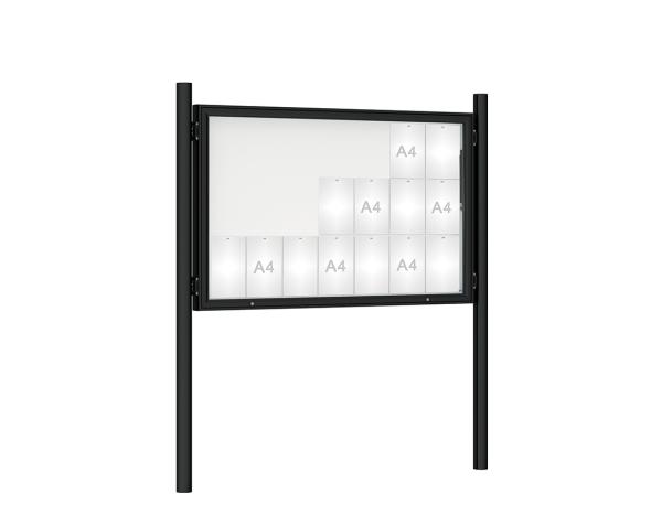 Schaukasten 1000 mit Pfosten Ø 76 mm Farbe:RAL 9005|Abmessungen:21 A4 - B 1600 x H 1000 mm - Klapptür|Pfosten:Pfosten-Set zum Einbetonieren - Ohne Titelleiste