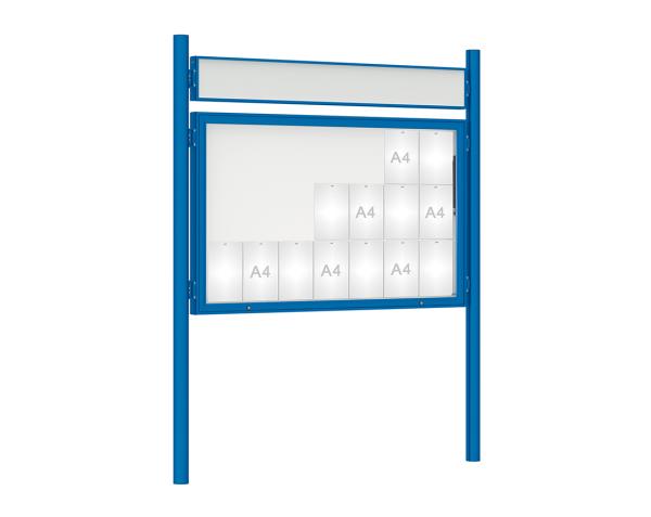 Schaukasten 1000 mit Pfosten Ø 76 mm Farbe:RAL 5010|Abmessungen:21 A4 - B 1600 x H 1000 mm - Klapptür|Pfosten:Pfosten-Set zum Einbetonieren - Mit Titelleiste