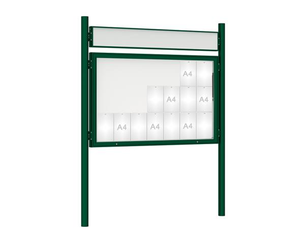 Schaukasten 1000 mit Pfosten Ø 76 mm Farbe:RAL 6005|Abmessungen:21 A4 - B 1600 x H 1000 mm - Klapptür|Pfosten:Pfosten-Set zum Einbetonieren - Mit Titelleiste