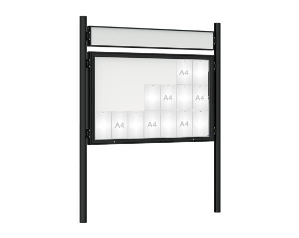 Schaukasten 1000 mit Pfosten Ø 76 mm Farbe:RAL 9005|Abmessungen:21 A4 - B 1600 x H 1000 mm - Klapptür|Pfosten:Pfosten-Set zum Einbetonieren - Mit Titelleiste