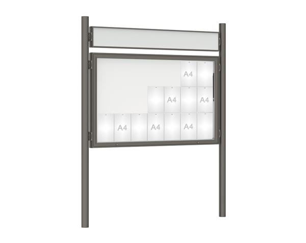 Schaukasten 1000 mit Pfosten Ø 76 mm Farbe:Procity grau|Abmessungen:21 A4 - B 1600 x H 1000 mm - Klapptür|Pfosten:Pfosten-Set zum Einbetonieren - Mit Titelleiste