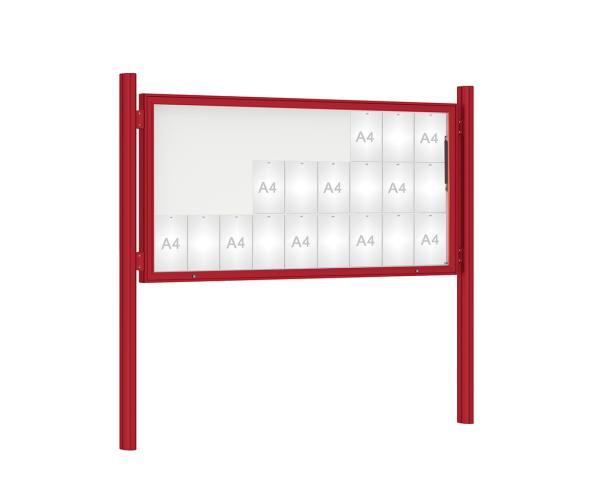 Schaukasten 1000 mit Quatro-Pfosten Farbe:RAL 3004|Abmessungen:27 A4 - B 2010 x H 1000 mm - Klapptür|Pfosten:Pfosten-Set zum Einbetonieren - Ohne Titelleiste