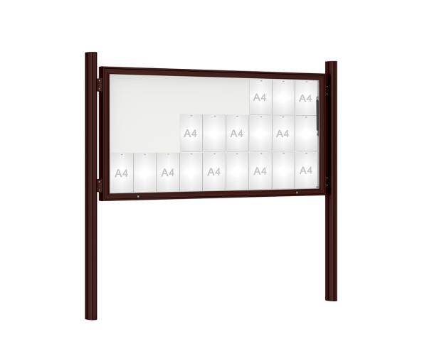 Schaukasten 1000 mit Quatro-Pfosten Farbe:RAL 8017|Abmessungen:27 A4 - B 2010 x H 1000 mm - Klapptür|Pfosten:Pfosten-Set zum Einbetonieren - Ohne Titelleiste