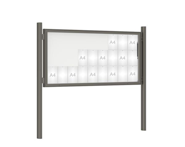 Schaukasten 1000 mit Quatro-Pfosten Farbe:Procity grau|Abmessungen:27 A4 - B 2010 x H 1000 mm - Klapptür|Pfosten:Pfosten-Set zum Einbetonieren - Ohne Titelleiste
