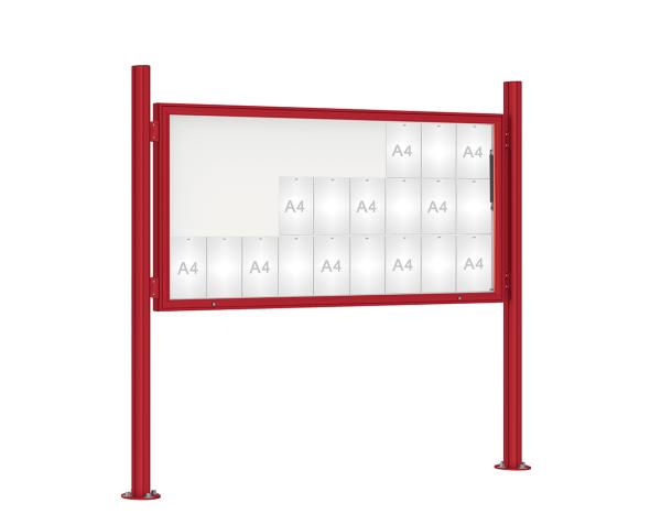 Schaukasten 1000 mit Quatro-Pfosten Farbe:RAL 3004|Abmessungen:27 A4 - B 2010 x H 1000 mm - Klapptür|Pfosten:Pfosten-Set auf Bodenplatten - Ohne Titelleiste