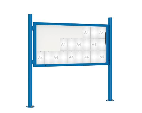 Schaukasten 1000 mit Quatro-Pfosten Farbe:RAL 5010|Abmessungen:27 A4 - B 2010 x H 1000 mm - Klapptür|Pfosten:Pfosten-Set auf Bodenplatten - Ohne Titelleiste