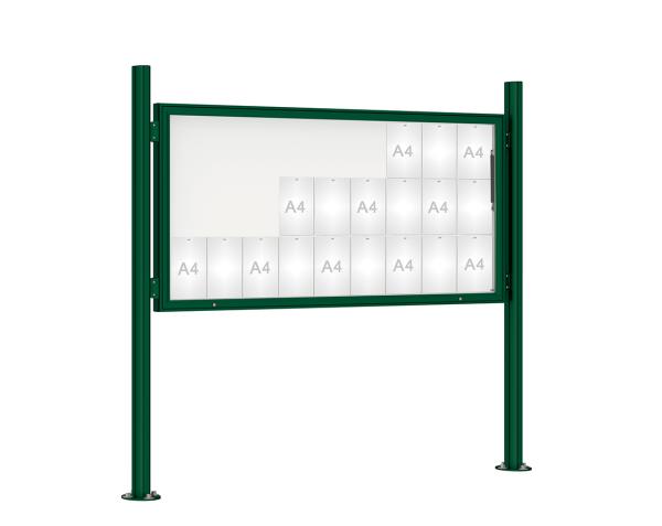 Schaukasten 1000 mit Quatro-Pfosten Farbe:RAL 6005|Abmessungen:27 A4 - B 2010 x H 1000 mm - Klapptür|Pfosten:Pfosten-Set auf Bodenplatten - Ohne Titelleiste