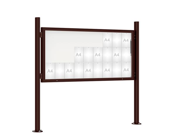 Schaukasten 1000 mit Quatro-Pfosten Farbe:RAL 8017|Abmessungen:27 A4 - B 2010 x H 1000 mm - Klapptür|Pfosten:Pfosten-Set auf Bodenplatten - Ohne Titelleiste