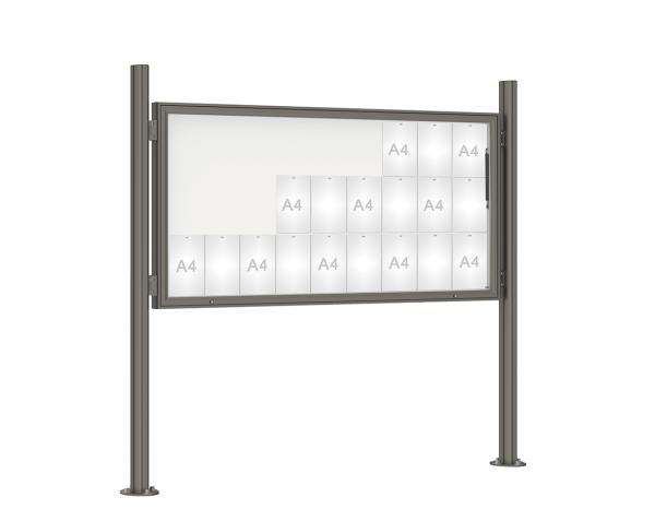 Schaukasten 1000 mit Quatro-Pfosten Farbe:Procity grau|Abmessungen:27 A4 - B 2010 x H 1000 mm - Klapptür|Pfosten:Pfosten-Set auf Bodenplatten - Ohne Titelleiste
