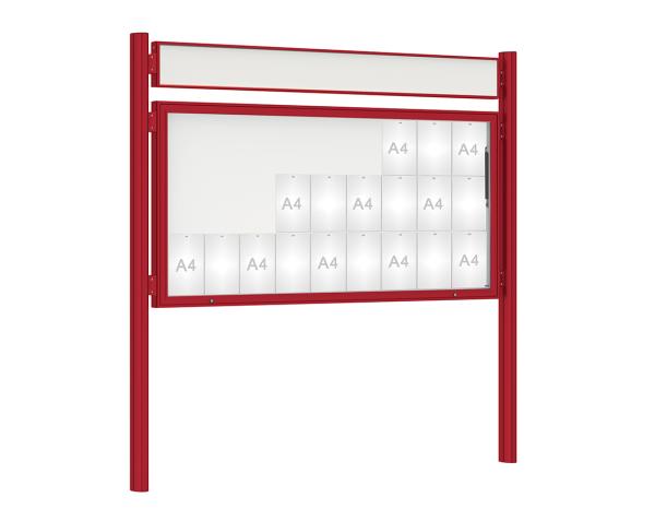 Schaukasten 1000 mit Quatro-Pfosten Farbe:RAL 3004|Abmessungen:27 A4 - B 2010 x H 1000 mm - Klapptür|Pfosten:Pfosten-Set zum Einbetonieren - Mit Titelleiste