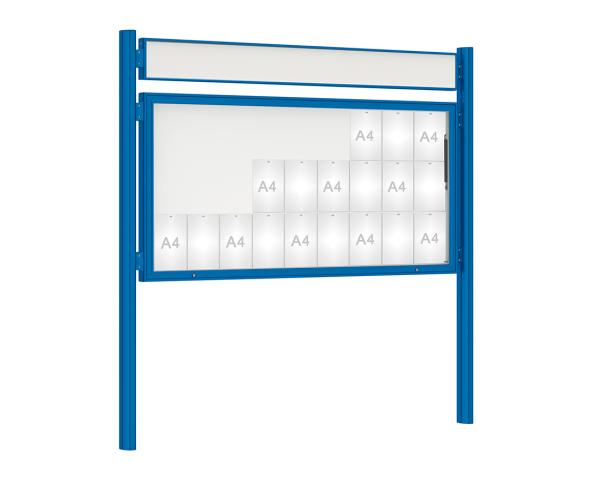 Schaukasten 1000 mit Quatro-Pfosten Farbe:RAL 5010|Abmessungen:27 A4 - B 2010 x H 1000 mm - Klapptür|Pfosten:Pfosten-Set zum Einbetonieren - Mit Titelleiste