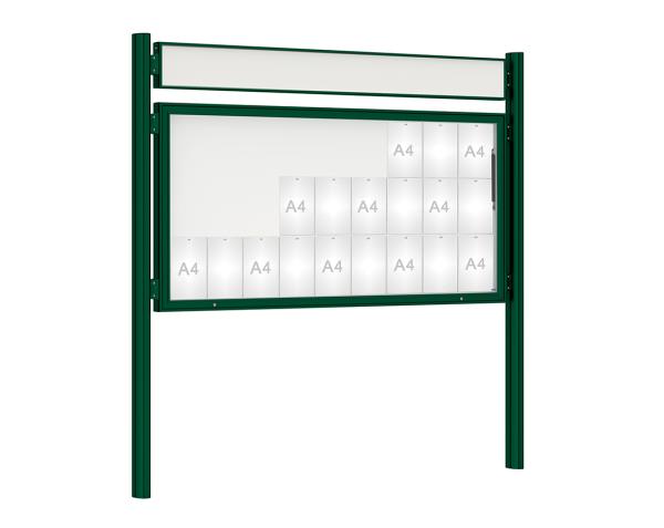 Schaukasten 1000 mit Quatro-Pfosten Farbe:RAL 6005|Abmessungen:27 A4 - B 2010 x H 1000 mm - Klapptür|Pfosten:Pfosten-Set zum Einbetonieren - Mit Titelleiste