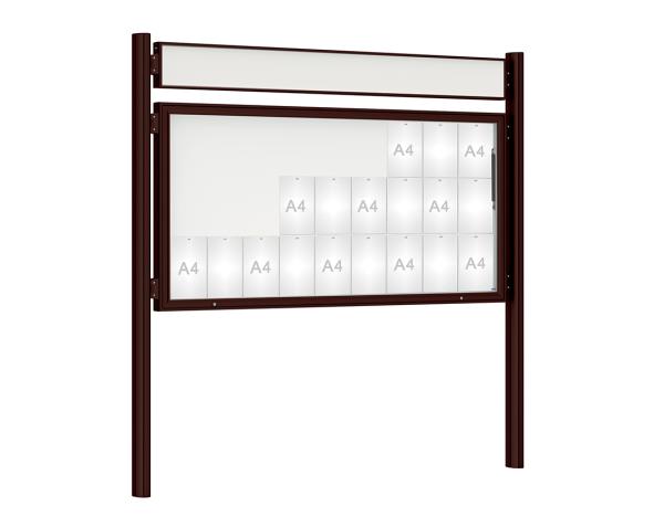 Schaukasten 1000 mit Quatro-Pfosten Farbe:RAL 8017|Abmessungen:27 A4 - B 2010 x H 1000 mm - Klapptür|Pfosten:Pfosten-Set zum Einbetonieren - Mit Titelleiste