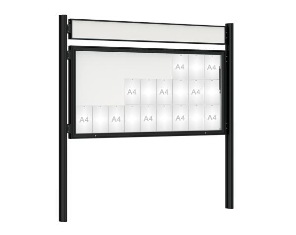 Schaukasten 1000 mit Quatro-Pfosten Farbe:RAL 9005|Abmessungen:27 A4 - B 2010 x H 1000 mm - Klapptür|Pfosten:Pfosten-Set zum Einbetonieren - Mit Titelleiste