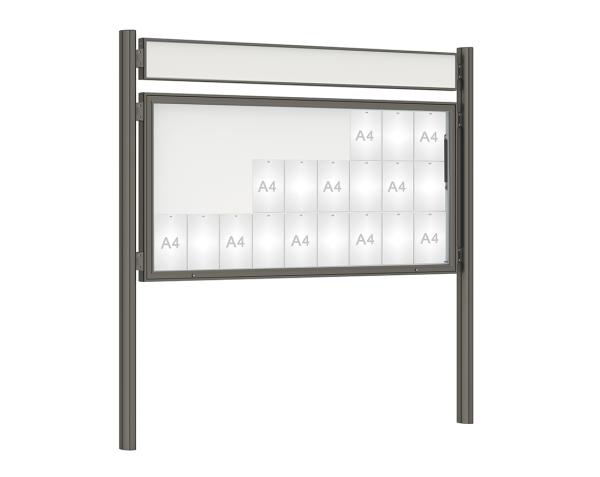 Schaukasten 1000 mit Quatro-Pfosten Farbe:Procity grau|Abmessungen:27 A4 - B 2010 x H 1000 mm - Klapptür|Pfosten:Pfosten-Set zum Einbetonieren - Mit Titelleiste