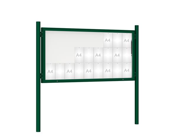 Schaukasten 1000 mit Pfosten Ø 76 mm Farbe:RAL 6005|Abmessungen:27 A4 - B 2010 x H 1000 mm - Klapptür|Pfosten:Pfosten-Set zum Einbetonieren - Ohne Titelleiste