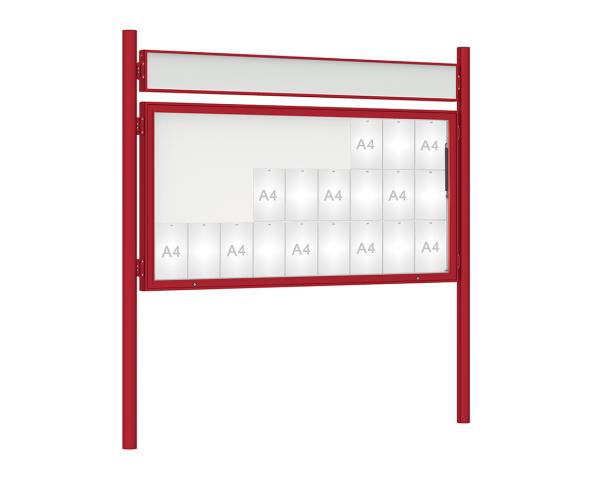 Schaukasten 1000 mit Pfosten Ø 76 mm Farbe:RAL 3004|Abmessungen:27 A4 - B 2010 x H 1000 mm - Klapptür|Pfosten:Pfosten-Set zum Einbetonieren - Mit Titelleiste