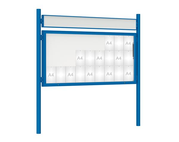 Schaukasten 1000 mit Pfosten Ø 76 mm Farbe:RAL 5010|Abmessungen:27 A4 - B 2010 x H 1000 mm - Klapptür|Pfosten:Pfosten-Set zum Einbetonieren - Mit Titelleiste
