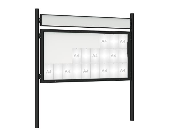 Schaukasten 1000 mit Pfosten Ø 76 mm Farbe:RAL 9005|Abmessungen:27 A4 - B 2010 x H 1000 mm - Klapptür|Pfosten:Pfosten-Set zum Einbetonieren - Mit Titelleiste