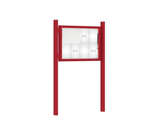 Schaukasten 1000 mit Quatro-Pfosten Farbe:RAL 3004|Abmessungen:8 A4 - B 1000 x H 750 mm - Klapptür|Pfosten:Pfosten-Set zum Einbetonieren - Ohne Titelleiste