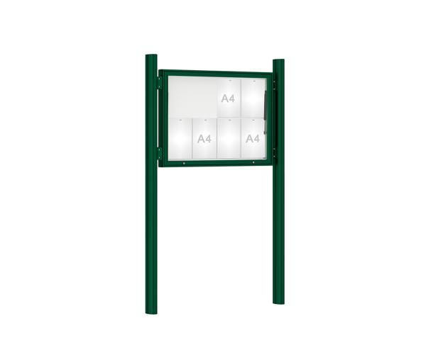 Schaukasten 1000 mit Quatro-Pfosten Farbe:RAL 6005|Abmessungen:8 A4 - B 1000 x H 750 mm - Klapptür|Pfosten:Pfosten-Set zum Einbetonieren - Ohne Titelleiste