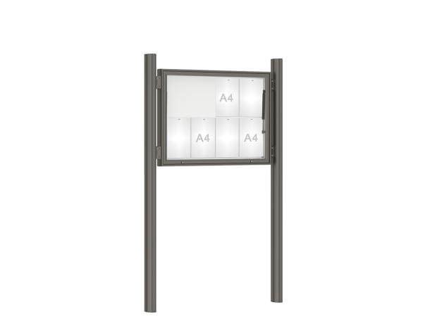 Schaukasten 1000 mit Quatro-Pfosten Farbe:Procity grau|Abmessungen:8 A4 - B 1000 x H 750 mm - Klapptür|Pfosten:Pfosten-Set zum Einbetonieren - Ohne Titelleiste