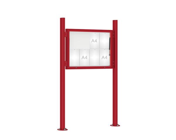 Schaukasten 1000 mit Quatro-Pfosten Farbe:RAL 3004|Abmessungen:8 A4 - B 1000 x H 750 mm - Klapptür|Pfosten:Pfosten-Set auf Bodenplatten - Ohne Titelleiste