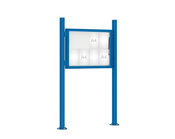 Schaukasten 1000 mit Quatro-Pfosten Farbe:RAL 5010|Abmessungen:8 A4 - B 1000 x H 750 mm - Klapptür|Pfosten:Pfosten-Set auf Bodenplatten - Ohne Titelleiste