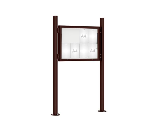 Schaukasten 1000 mit Quatro-Pfosten Farbe:RAL 8017|Abmessungen:8 A4 - B 1000 x H 750 mm - Klapptür|Pfosten:Pfosten-Set auf Bodenplatten - Ohne Titelleiste