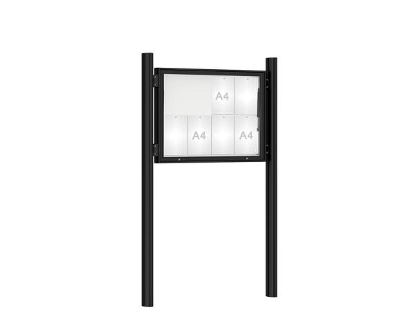 Schaukasten 1000 mit Quatro-Pfosten Farbe:RAL 9005|Abmessungen:8 A4 - B 1000 x H 750 mm - Klapptür|Pfosten:Mittelpfosten zum Einbetonieren - Ohne Titelleiste
