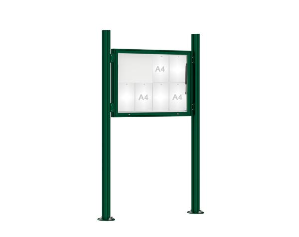 Schaukasten 1000 mit Quatro-Pfosten Farbe:RAL 6005|Abmessungen:8 A4 - B 1000 x H 750 mm - Klapptür|Pfosten:Mittelpfosten auf Bodenplatte - Ohne Titelleiste