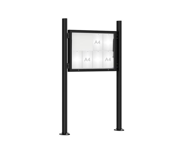 Schaukasten 1000 mit Quatro-Pfosten Farbe:RAL 9005|Abmessungen:8 A4 - B 1000 x H 750 mm - Klapptür|Pfosten:Mittelpfosten auf Bodenplatte - Ohne Titelleiste