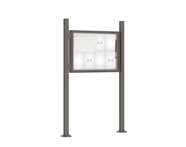 Schaukasten 1000 mit Quatro-Pfosten Farbe:Procity grau|Abmessungen:8 A4 - B 1000 x H 750 mm - Klapptür|Pfosten:Mittelpfosten auf Bodenplatte - Ohne Titelleiste