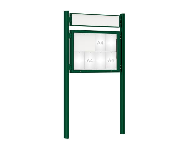 Schaukasten 1000 mit Quatro-Pfosten Farbe:RAL 6005|Abmessungen:8 A4 - B 1000 x H 750 mm - Klapptür|Pfosten:Mittelpfosten zum Einbetonieren - Mit Titelleiste