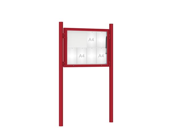 Schaukasten 1000 mit Pfosten Ø 76 mm Farbe:RAL 3004|Abmessungen:8 A4 - B 1000 x H 750 mm - Klapptür|Pfosten:Pfosten-Set zum Einbetonieren - Ohne Titelleiste