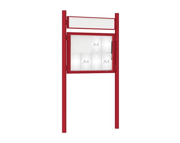Schaukasten 1000 mit Pfosten Ø 76 mm Farbe:RAL 3004|Abmessungen:8 A4 - B 1000 x H 750 mm - Klapptür|Pfosten:Pfosten-Set zum Einbetonieren - Mit Titelleiste