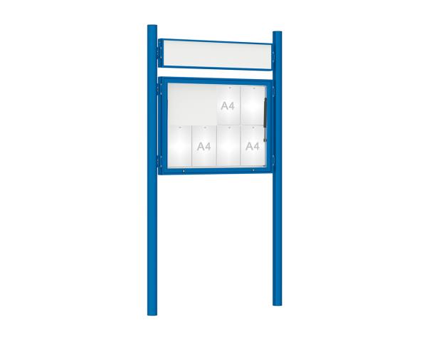 Schaukasten 1000 mit Pfosten Ø 76 mm Farbe:RAL 5010|Abmessungen:8 A4 - B 1000 x H 750 mm - Klapptür|Pfosten:Pfosten-Set zum Einbetonieren - Mit Titelleiste